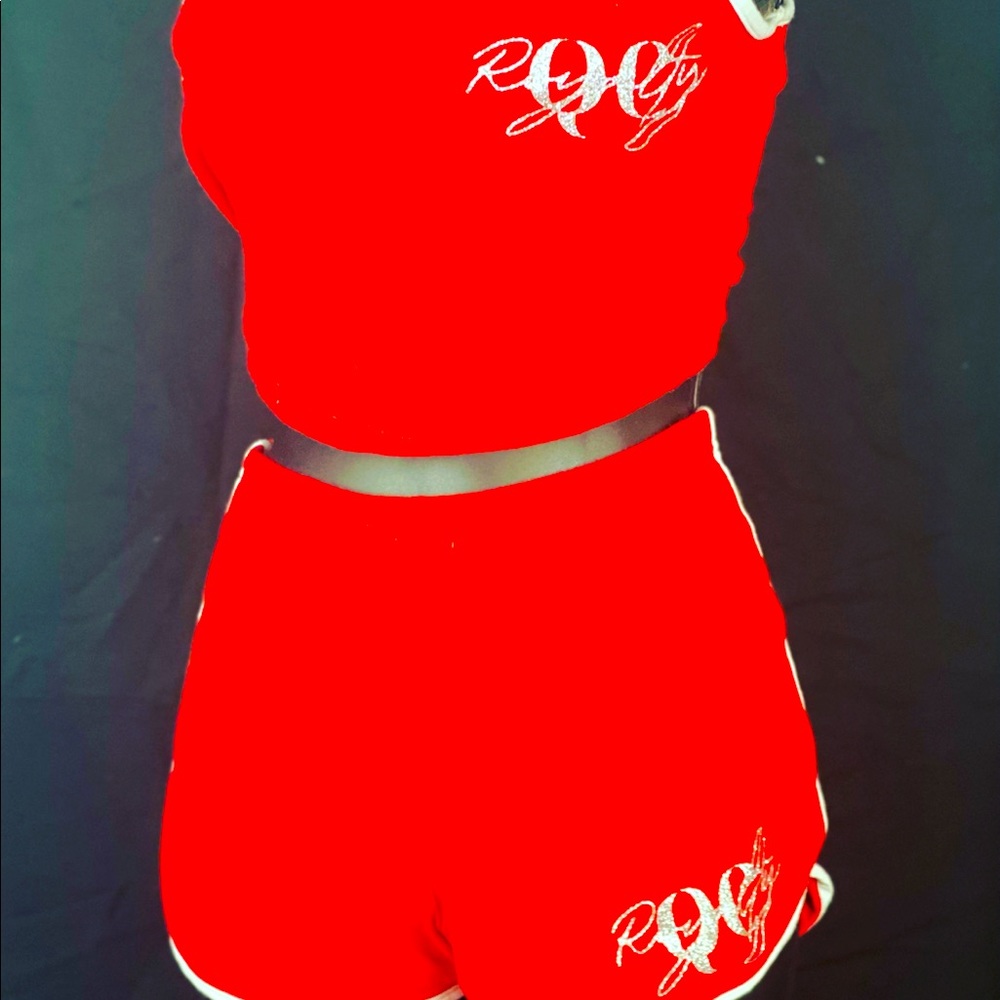 2 piece red short set featuring a cami top